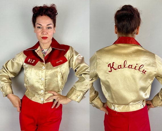 1940s Smart Sandy's Satin Society Jacket | Vintage 40s Red and White Chain Stitch Embroidered Button Up Literary Club Coat | Medium Large