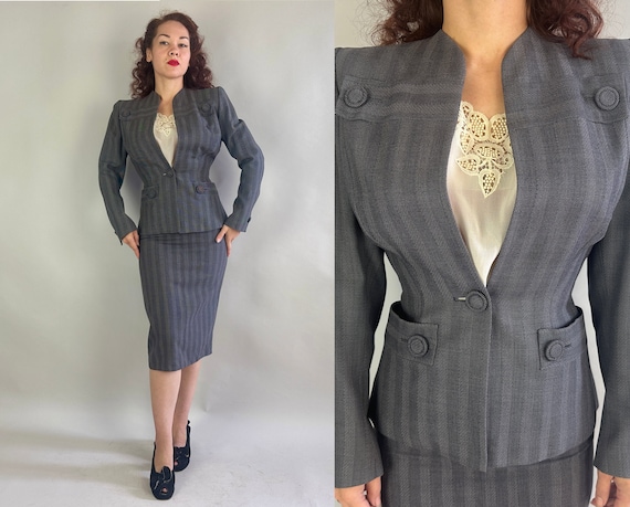 1940s Accentuate with "Adrian" Suit | Vintage 40s Rare Hollywood Designer Grey Stripe Wool 2 Piece Skirt and Jacket Set | Extra Small XS