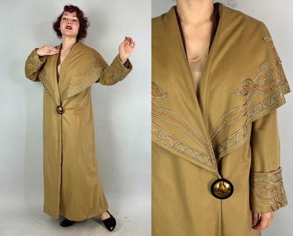 1920s Nubile Nouveau Coat | Vintage Antique 1920s Sandy Beige Wool Overcoat with Capelet Collar and Silver & Gold Soutache | Medium Large XL