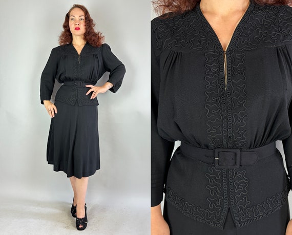 1940s Sleek Stunner Dress | Vintage 40s Black Rayon Crepe Day to Night LBD Frock with Puff Sleeves Soutache and Peplum | Extra Large XL