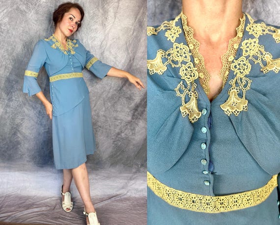 1910s Art Nouveau Narcissa Dress | Vintage Antique Teens Dusty Blue Wool Crepe Frock Yellow Lace Angel Cuffs & Glass Buttons | Small Medium