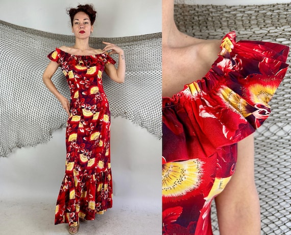 1950s Lehua at the Luau Holoku Gown | Vintage 50s Red Yellow and White Cotton Tropical Hawaiian Floral Dress with Shoulder Ruffle | Medium