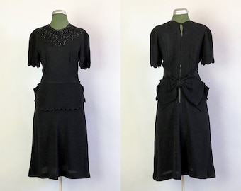 1940s Sequin Neckline Dress | Vintage 40s Gorgeous Black Rayon Crepe Cocktail Evening LBD with Scallop Peplum, & Large Back Bow | Small/XS