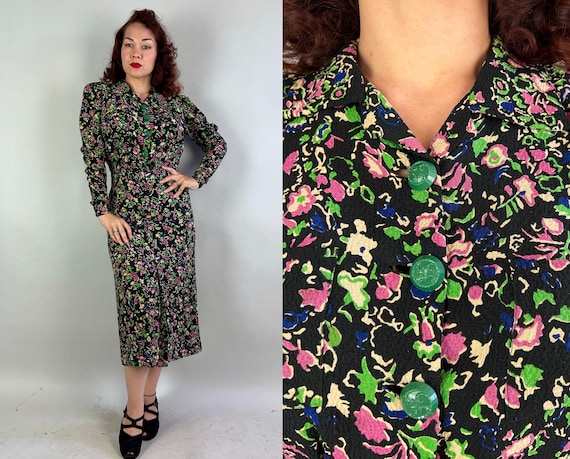 1930s Dream in Color Dress | Vintage 30s Dark Floral Frock in Textured Rayon Abstract Print with Green Buttons and Pointed Collar | Large