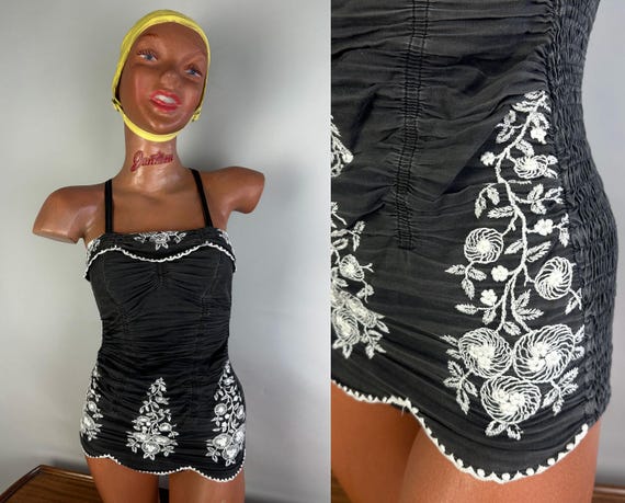 1950s Chill Down In Chile Bathing Suit | Vintage 50s Charcoal Cotton Swimsuit with White Flowers & Vines Embroidery | Extra Small XS Small