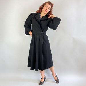 1930s Puffed with Pride Coat Vintage 30s Black Wool Balloon Sleeve Princess Overcoat with Velvet Trim and Padded Puff Shoulders Medium image 2