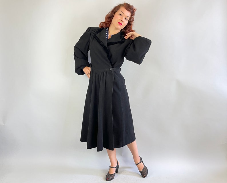 1930s Puffed with Pride Coat Vintage 30s Black Wool Balloon Sleeve Princess Overcoat with Velvet Trim and Padded Puff Shoulders Medium image 2