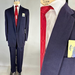 1950s Smart Supper Suit | Vintage 50s Blue Wool Single Breasted After Dinner Button Jacket & Hollywood Waist Trousers | Size 40 Medium image 1