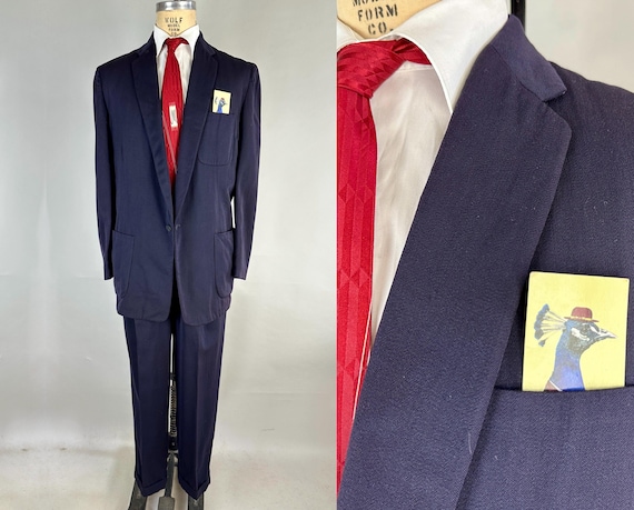 1950s Smart Supper Suit | Vintage 50s Blue Wool Single Breasted After Dinner Button Jacket & Hollywood Waist Trousers | Size 40 Medium