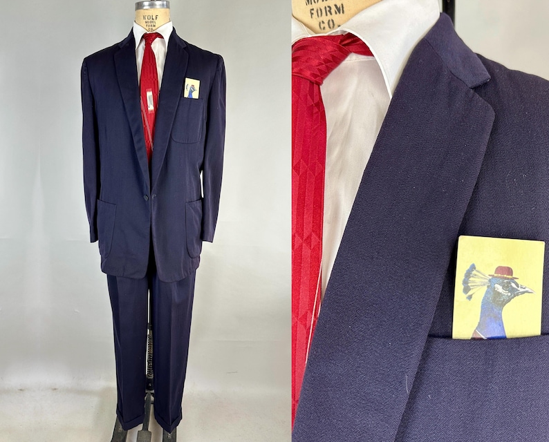 1950s Smart Supper Suit | Vintage 50s Blue Wool Single Breasted After Dinner Button Jacket & Hollywood Waist Trousers | Size 40 Medium image 1