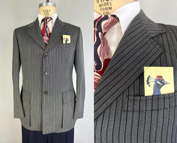 1940s Charcoal Charmer Blazer | Vintage 40s Western Gray & Black Morning Stripe Wool Sport Coat Jacket with Action Pleats | Size 38 Medium