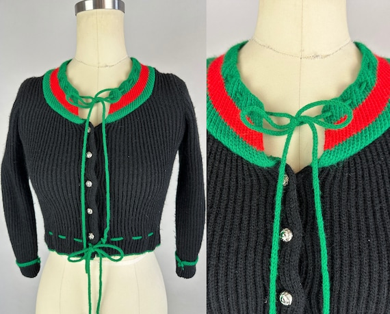 1950s Affable Elsa Cardigan | Vintage 50s Scandinavian Style Black Red and Green Wool Knit Sweater with Silver Buttons | Extra Small XS