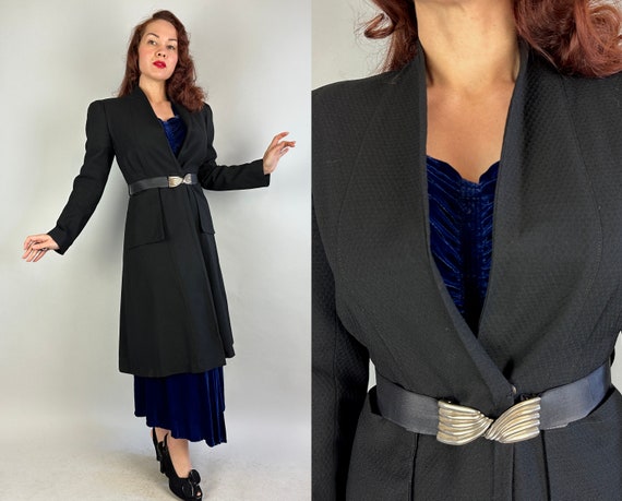 1940s Rachel's Ravishing Raven Coat | Vintage 40s Black Textured Weave Wool Puff Shoulder Jacket w/Deco Seams & Belt | Small Extra Small XS
