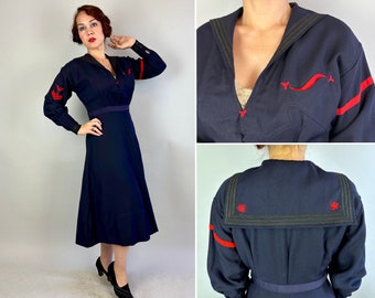 1910s Hello Sailor! Dress | Vintage Antique Teens Woman's Navy Uniform Blue Wool Frock with Red Accents by "John Wanamaker" | Medium