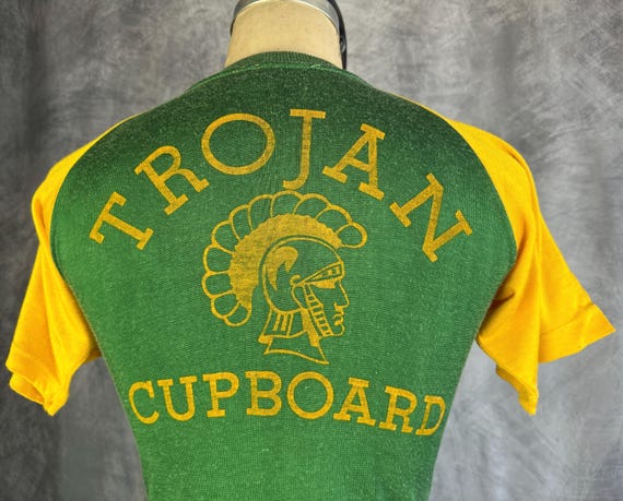 1940s Train Like a Trojan Jersey | Vintage 40s 2 Tone Green & Yellow Knit Rayon Jersey Sports Team Shirt w/Roman Warrior Logo | Small Medium
