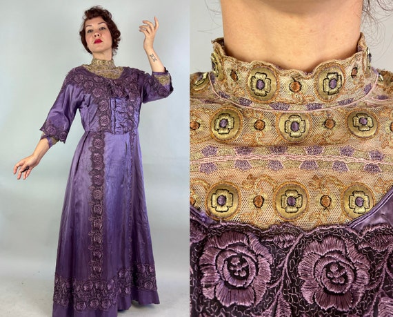 1900s Lady Lavender's Lace and Silk Gown | Antique Vintage Edwardian Purple Dress with Roses and Lamé Metallic Embroidery | Extra Large XL