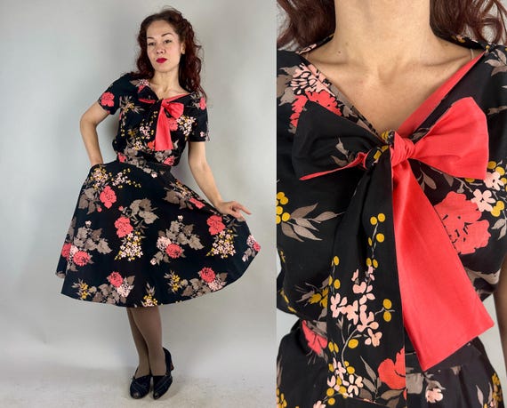 1950s Flower Fiesta Blouse & Skirt Ensemble | Vintage 50s Black Coral Pink and Taupe Floral Cotton Three Piece Dress Set | Extra Small XS