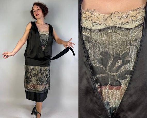 1920s Elegant Eloise Dress | Vintage 20s Black and Ivory Silk Satin Frock w/Gold Lamé Lace & Iridescent Pink + Blue Stripes | Medium Large