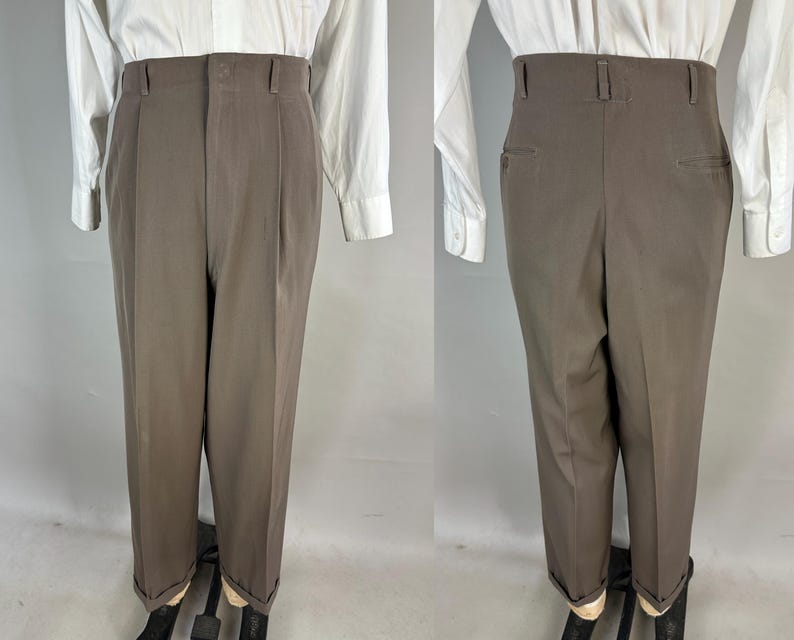 Pak van staal uit de jaren 50 | Vintage jaren 50 tweedelig grijs wollen jasje met enkele rij knopen en ingekeepte revers en Hollywood-taillebroeken | Maat 42 (groot) afbeelding 7