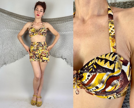 1950s Siren on the Sands Swimsuit | Vintage 50s Brown Yellow and White Cotton Tiki Bikini Bathing Suit w/Fish Leaves & Pineapples | Small