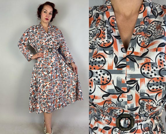 1930s Apple Blossom Time Frock | Vintage 30s Orange Grey White Black Flowers on Lattice Cotton Dress with Horn Carved Belt | Extra Large XL