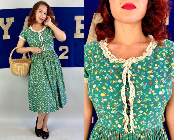 1940s Happy Homestead Frock | Vintage 40s Green Yellow White Red Cotton Novelty Print Dress w/People Flowers Houses and Eyelet Lace | Small