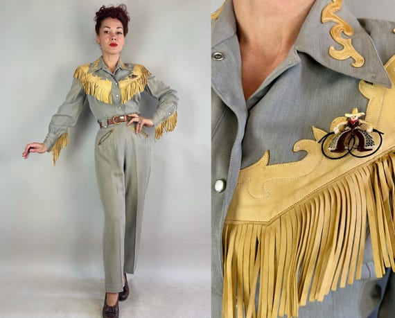 1950s Can't Stop Cowgirl Set | Vintage 50s Grey Rayon Gab Fringe Shirt Belt + Trousers w/Leather Accents & Cowboy Brooch | Extra Small XS