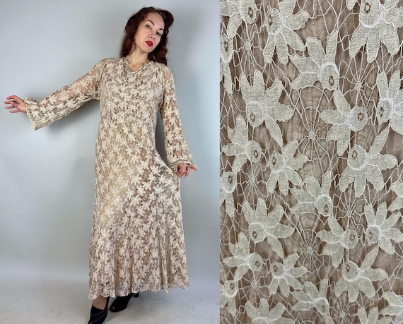 1950s Madam Web Gown | Vintage 50s Pink Champagne Spiderweb and Earth Star Lace Floor Length Dress with Taffeta Lining | Extra Large XL