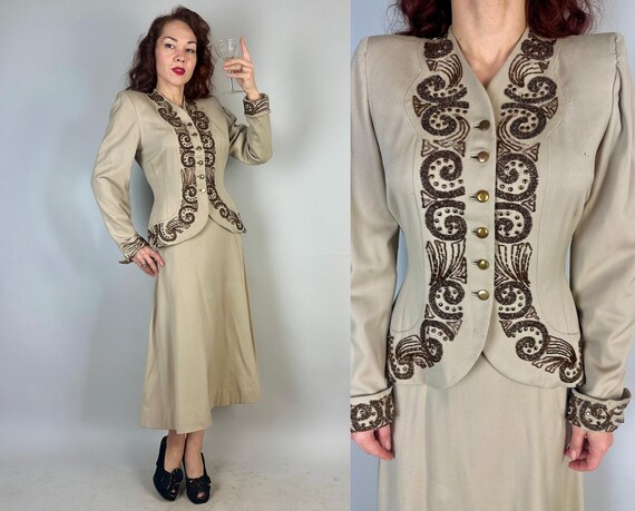 1940s Brass and Bronze Cocktail Suit | Vintage 40s Taupe Wool Two Piece Jacket and Skirt Evening Set with Heavy Metallurgy Beadwork | Small
