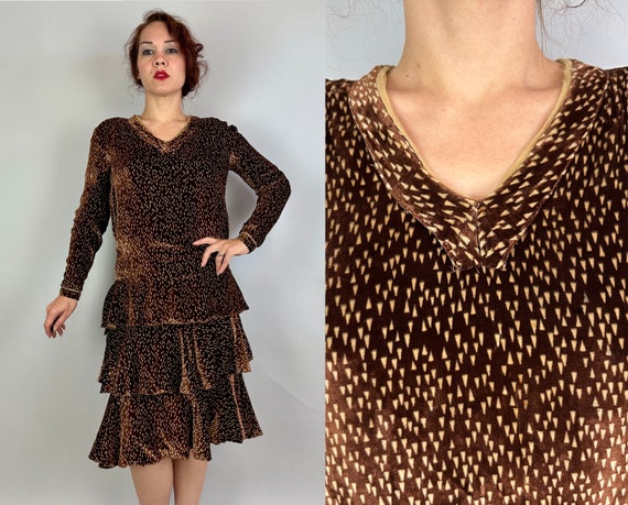 1920s Velvet Vamp Dress Set | Vintage 20s Brown with Ecru Triangle Drops Print Silk Velvet Two Piece Blouse Frock with Ruffles | Small