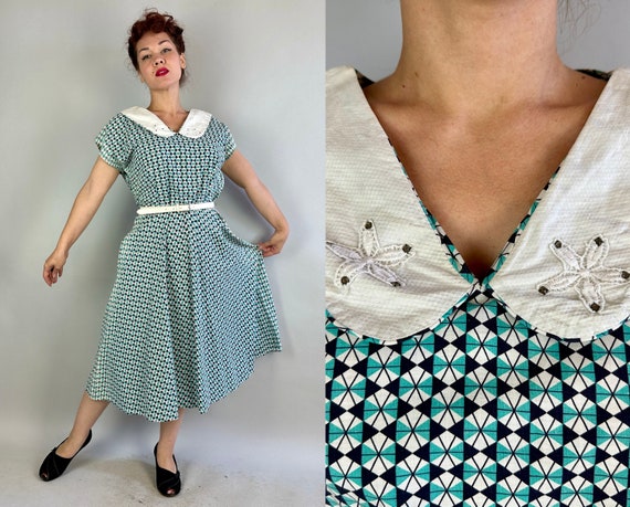 1950s Absolutely Atomic Dress | Vintage 50s Black Turquoise and White Geometric Cotton Day Frock with Rhinestone Collar | Extra Large XL