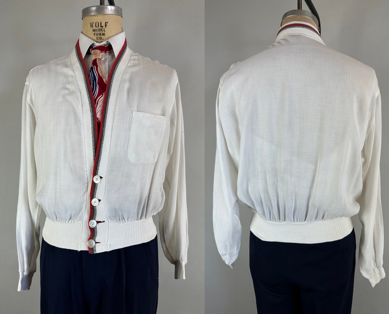 1950s Casual Chic Cardigan Vintage 50s White Lightweight Cotton and Grey and Red Wool Knit Button Up Sweater by Rugger Large image 7