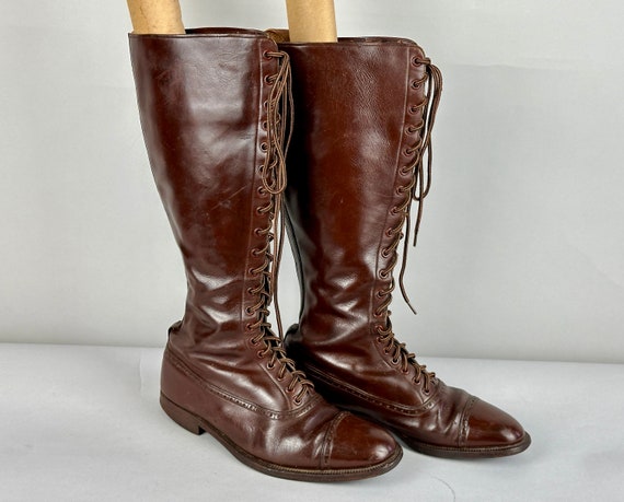 1950s Happy Trails Hiking Boots | Vintage 50s Mahogany Brown Leather Lace Up Tall Knee High Outdoors Sporting Shoes | US Size 9