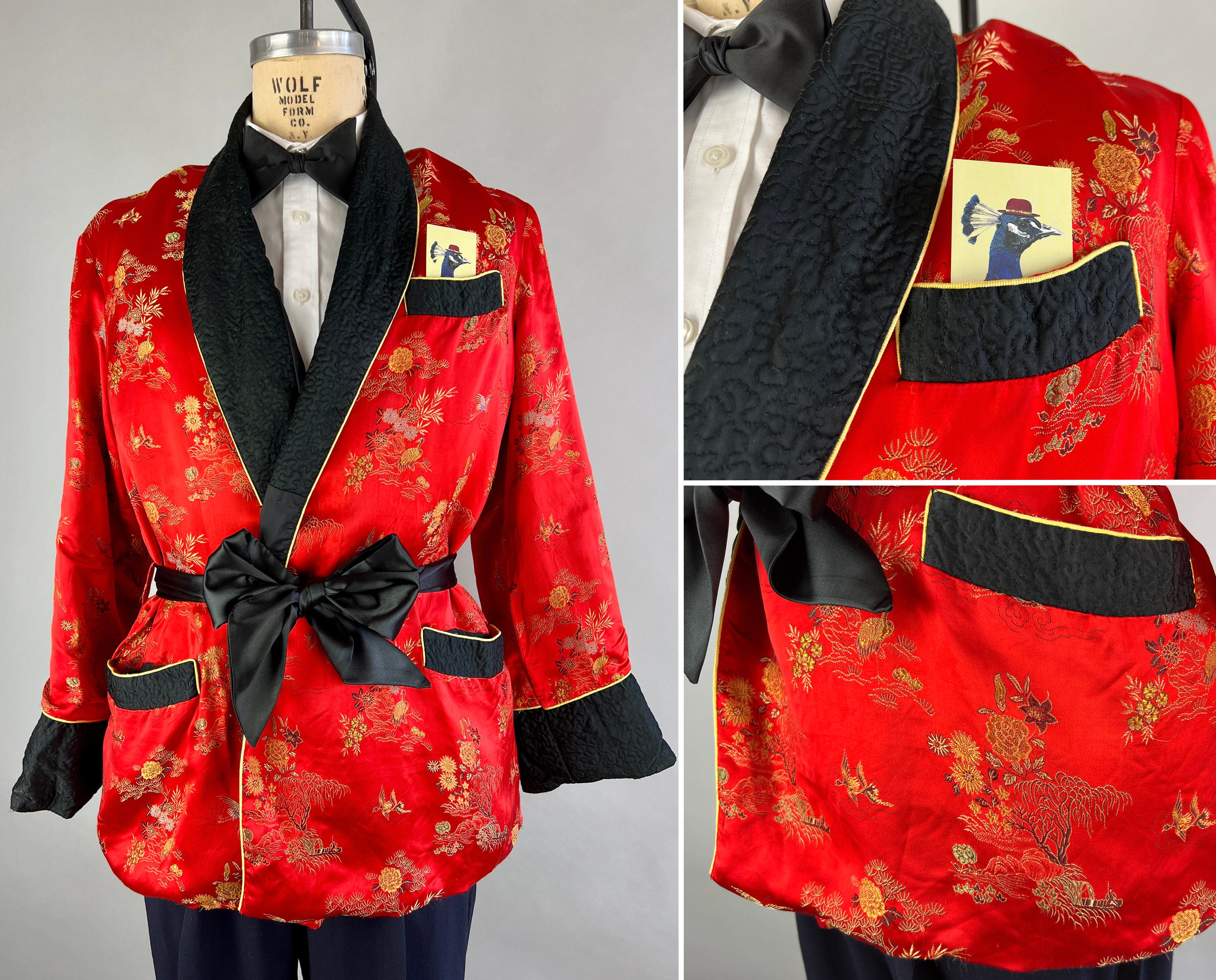 1950s Savvy Sean Smoking Jacket Vintage 50s Fire Red Silk Brocade