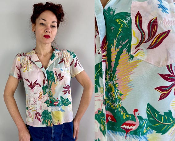 1940s Flamingo Fantasy Blouse | Vintage 40s Tropical Flower Print Silky Rayon Button Up Shirt in Pink Green Blue & Maroon | Small Medium