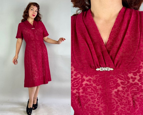 1940s Candy Apple Frock | Vintage 40s Crimson Red Tight Woven Rayon Lace Gored Skirt Frock with Rhinestone Brooch and Pleated Neck | Large