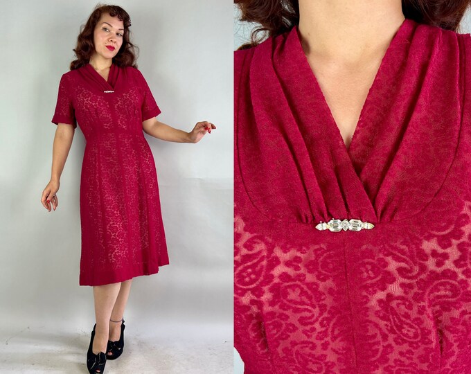 1940s Candy Apple Frock Vintage 40s Crimson Red Tight Woven Rayon Lace