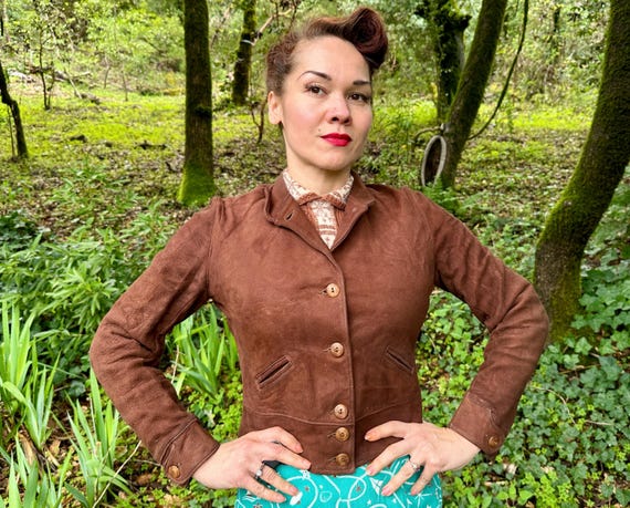 1930s Miss Menlo's Mountain Cossack Jacket | Vintage 30s Chocolate Brown Suede Leather Cropped Coat with Pockets and Wide Waistband | Small
