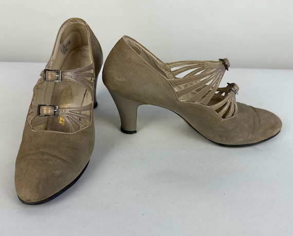 1930s Starlet Stella Shoes | Vintage 30s Pebble Grey Suede Leather Slender High Heel Double Mary Jane Buckle Straps Cutout Pumps | Size US 6