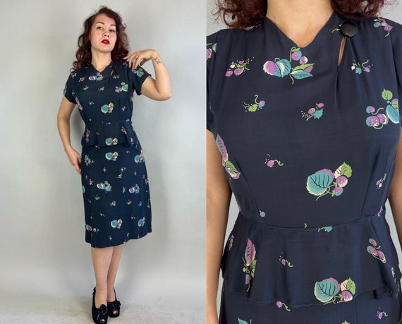 1940s Strawberry Fields Forever Frock | Vintage 40s Navy Blue Rayon Purple and Green Berry Print Dress w/Peek-a-Boo Cutout & Peplum | Medium