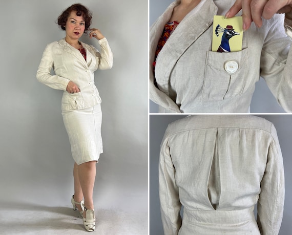 1930s Derby Day Suit | Vintage 30s White Summer Linen Two Piece Box Pleat Belted Blazer Jacket and Skirt Set with Deco Shell Buttons | Small