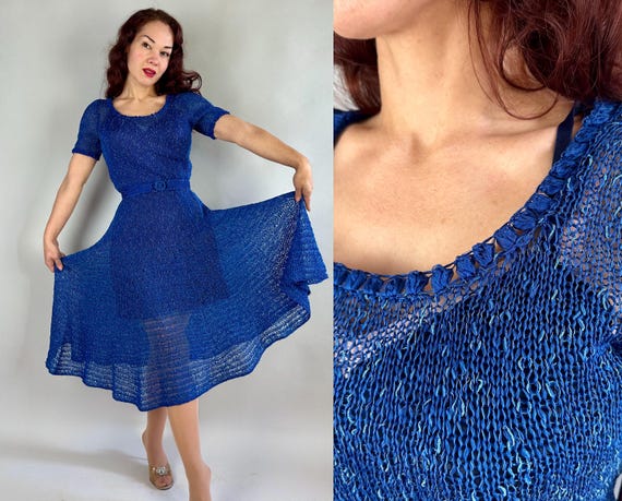 1940s Blue Moon Knit Dress | Vintage 40s Cobalt Flecked with Sky Thin Ribbon Knitwear Frock with Matching Triple Hoop Belt | XS Small Medium