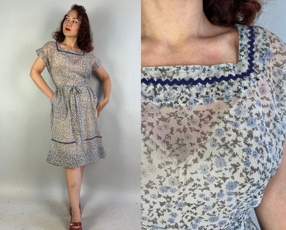 1940s Easy Peasy "Swirl" Dress | Vintage 40s Blue White and Black Floral Sheer Cotton Seersucker Wrap Frock | Medium Large Extra Large XL