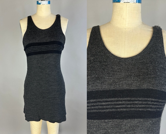 1920s Smoke Gets in Your Eyes Swimsuit | Vintage 20s Charcoal Grey Wool Onepiece Swimwear Bathing Suit with Black Stripes | Medium Large XL