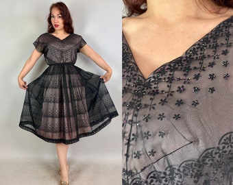 1950s Playful Party Dress | Vintage 50s Black Sheer Overlay Pink Hostess Cocktail Frock with Flocking and Rainbow Sparkles | Extra Large XL