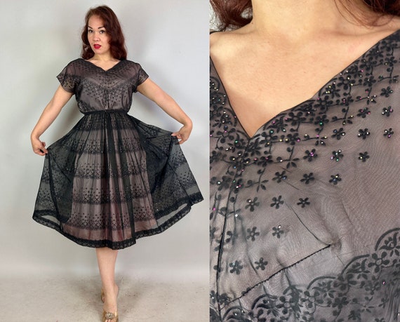 1950s Playful Party Dress | Vintage 50s Black Sheer Overlay Pink Hostess Cocktail Frock with Flocking and Rainbow Sparkles | Extra Large XL