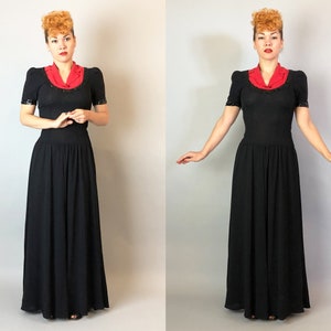 1940s Color Block Cutie Gown Vintage 40s Two Tone Tomato Red and Black Evening Dress with Notched Lapels and Sequin Trim Small image 6