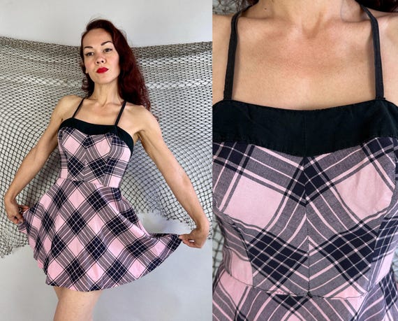 1940s Playful Plaid Playsuit | Vintage 40s Pink and Black Tartan Cotton Romper Swimsuit with Flared Skirt and Adjustable Straps | Medium