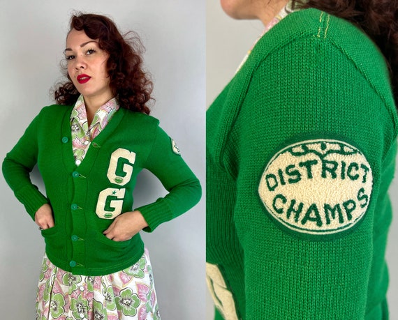 1940s Lucky Game Day Cardigan | Vintage 40s Kelly Green Wool Knit Letterman Varsity Sweater w/White Football Patches | Small Extra Small XS
