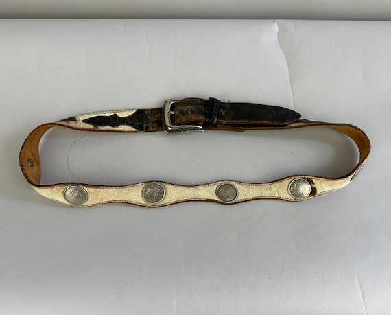 1950s Wild Western Belt | Vintage 50s Black Leather and White Spotted Cow Hide with Silver Medallions | Extra Large XL